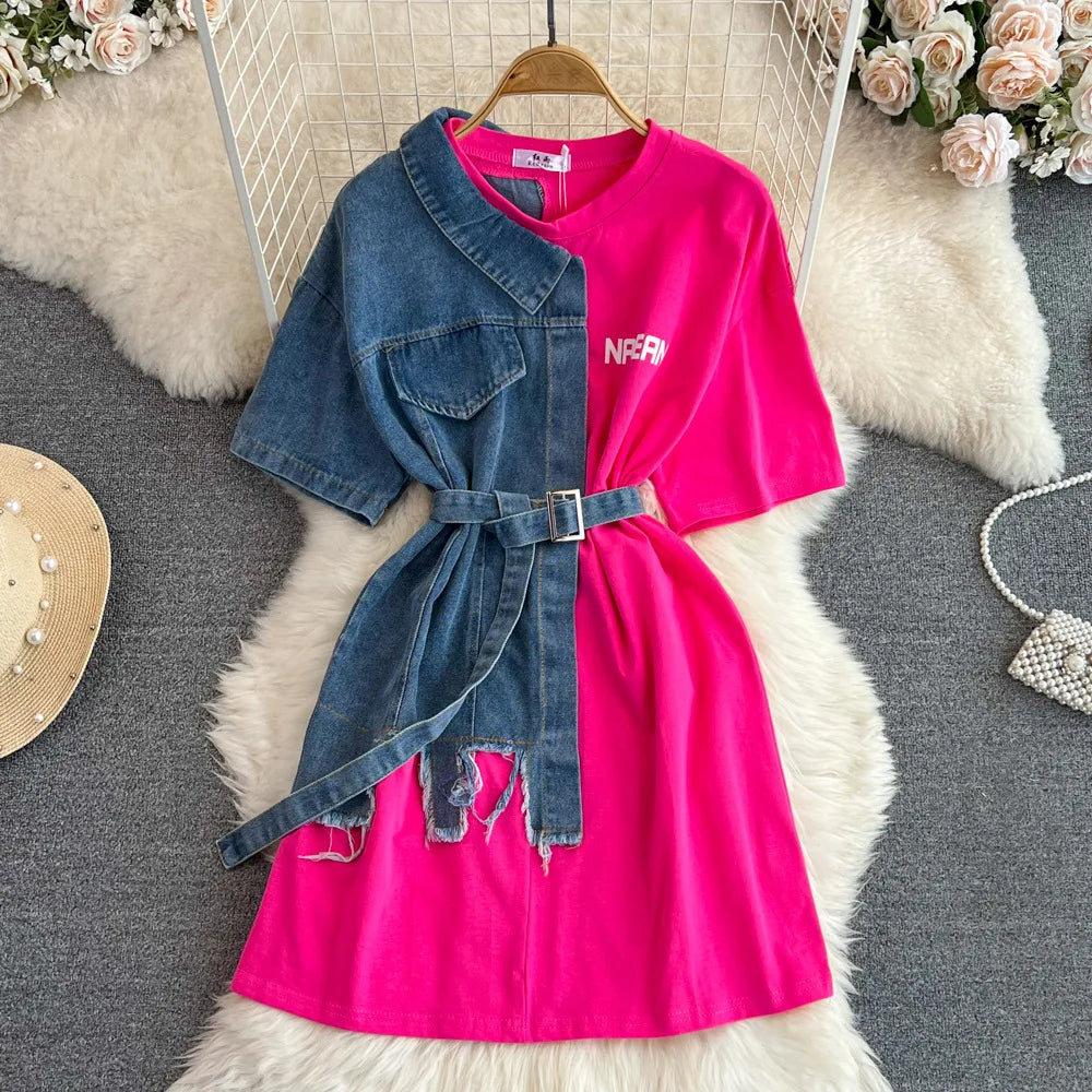 New Fashion Round Neck Color Blocking Women Casual Tops Denim T-Shirt Dresses