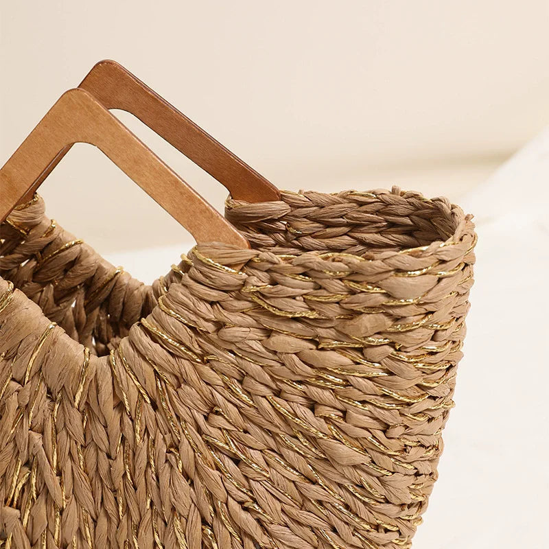 Lady Fashion Summer Women's Top Handbag Bohemia Style Wooden Handle Tote Soft Chains Handmade Straw Woven Basket Shopper
