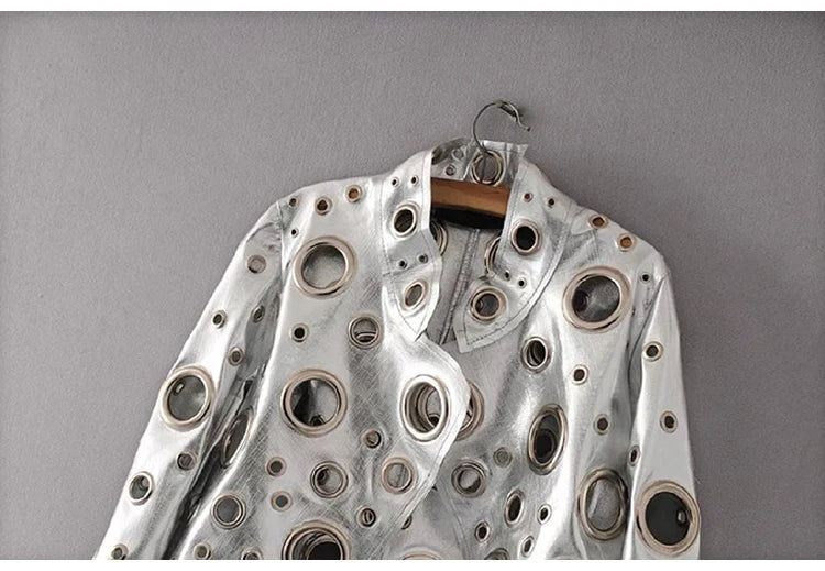 Rocker Runway Cut Out Short Faux Leather Jacket Golden Rivet Cool Stylish Designer Clothes Women European American Fashion 2022