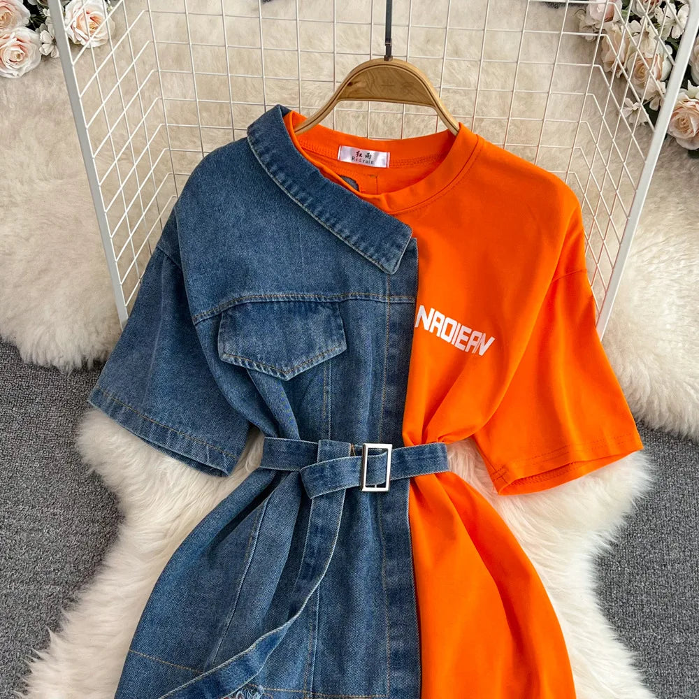 New Fashion Round Neck Color Blocking Women Casual Tops Denim T-Shirt Dresses