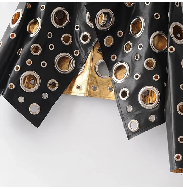 Rocker Runway Cut Out Short Faux Leather Jacket Golden Rivet Cool Stylish Designer Clothes Women European American Fashion 2022