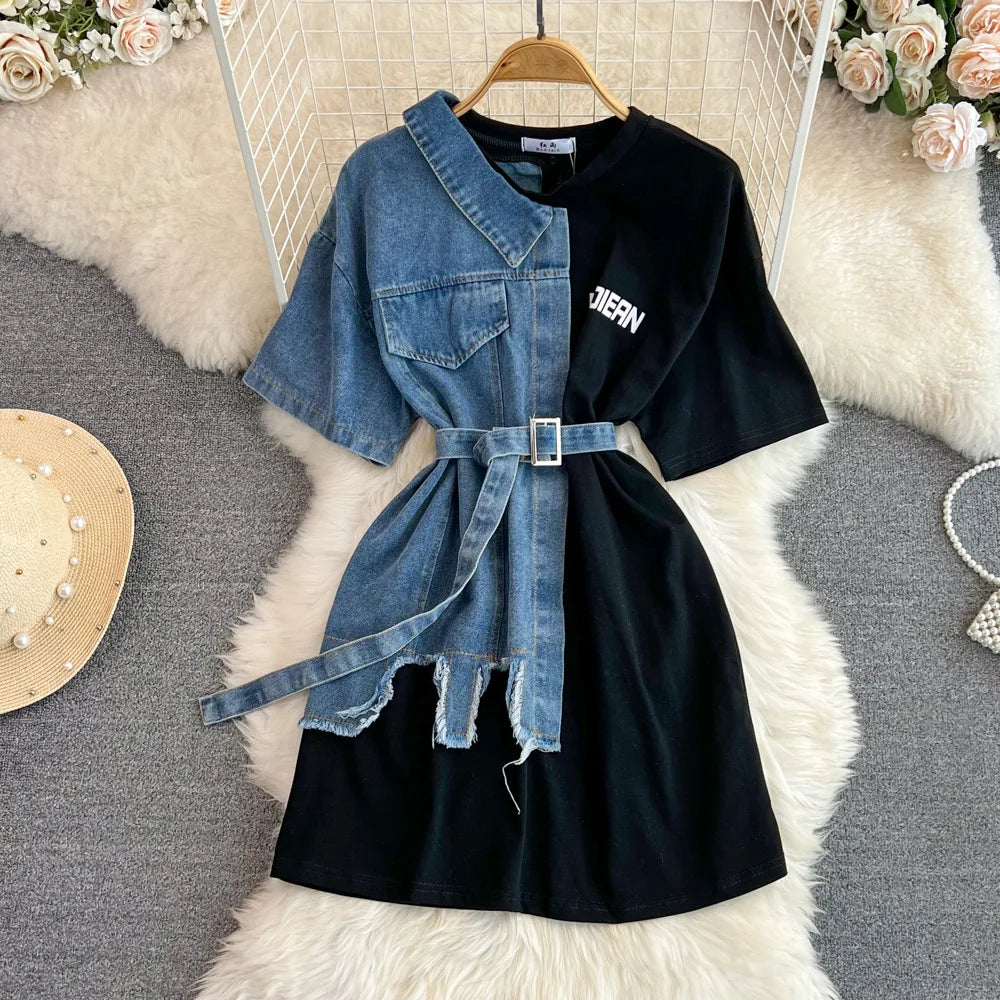 New Fashion Round Neck Color Blocking Women Casual Tops Denim T-Shirt Dresses