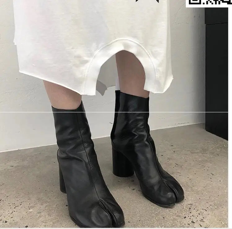 Tabi Split-toe Women Boots cream-colored Leather Buckle Chunky Block Heels Booties Botas Feminina Shoes Woman