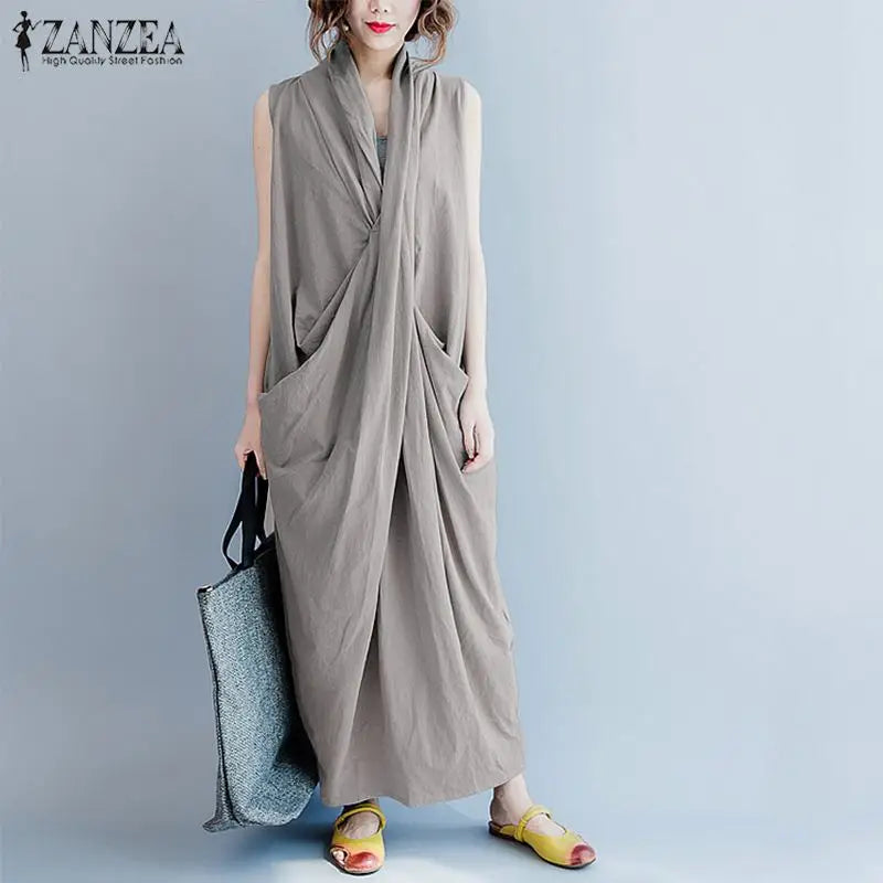 ZANZEA Oversize Asymmetrical Maxi Dress Women's Summer 2025 Holiday Sundress Female V Neck Draped Vestidos Rayon Robes Femme