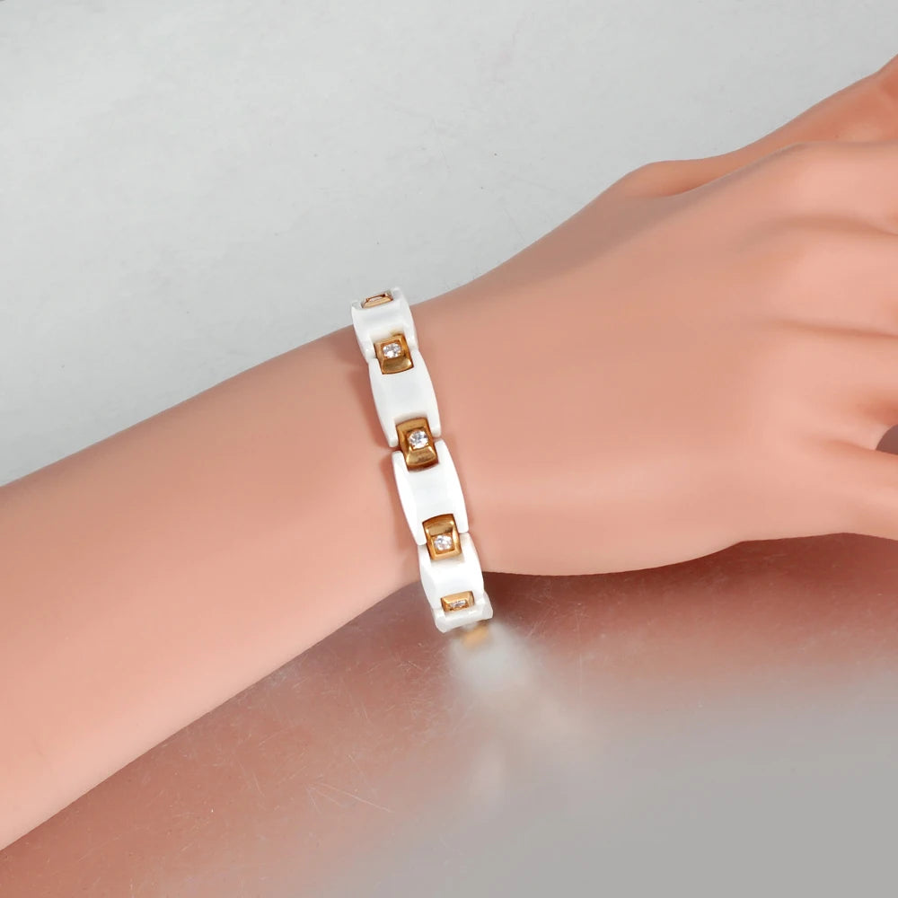 Vinterly Women Ceramic Bracelet Health Energy Hematite Ceramic Bracelets Female Gold-color AAA Cubic Zirconia Bracelet for Women