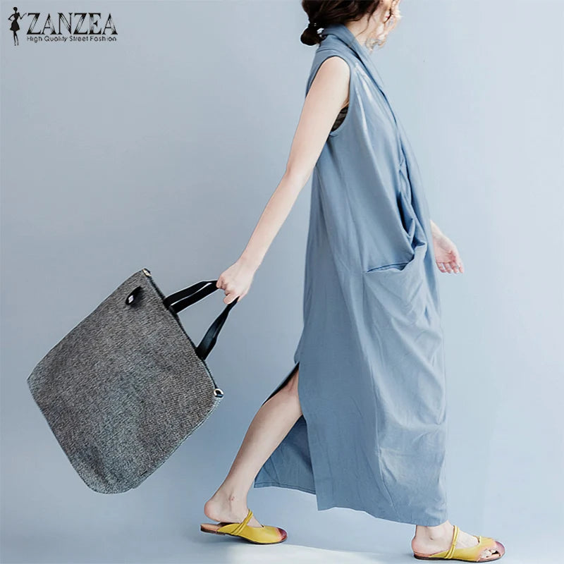 ZANZEA Oversize Asymmetrical Maxi Dress Women's Summer 2025 Holiday Sundress Female V Neck Draped Vestidos Rayon Robes Femme