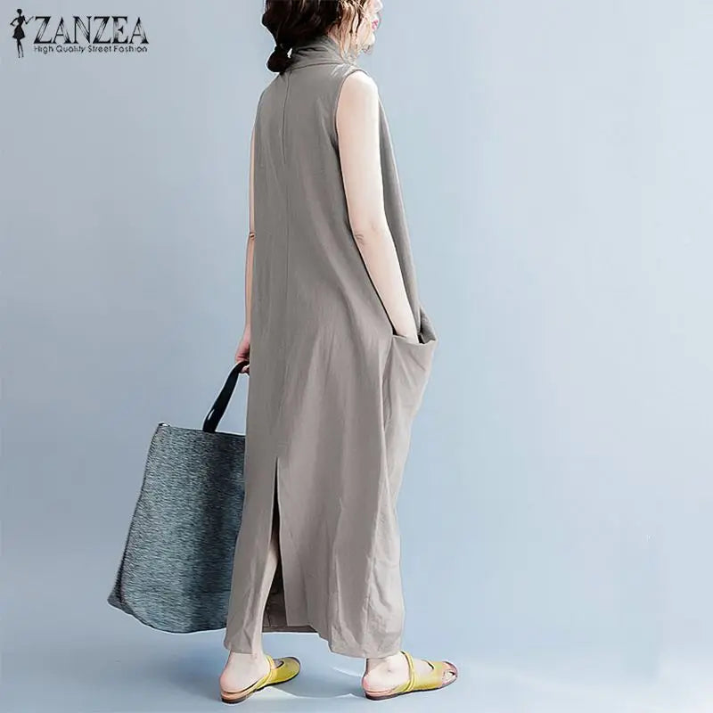 ZANZEA Oversize Asymmetrical Maxi Dress Women's Summer 2025 Holiday Sundress Female V Neck Draped Vestidos Rayon Robes Femme