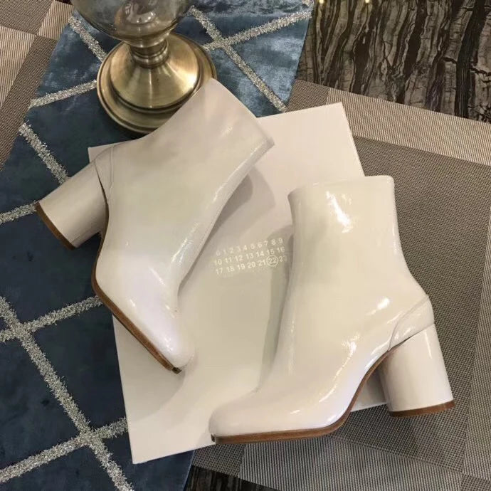 Tabi Split-toe Women Boots cream-colored Leather Buckle Chunky Block Heels Booties Botas Feminina Shoes Woman