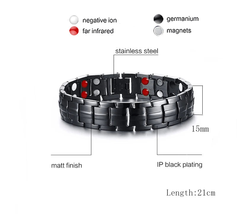 Black Bracelet Men Hand Chain Waterproof Health Germanium Magnetic Therapy Bracelet Male Benefits Stainless Steel Bracelets Mens
