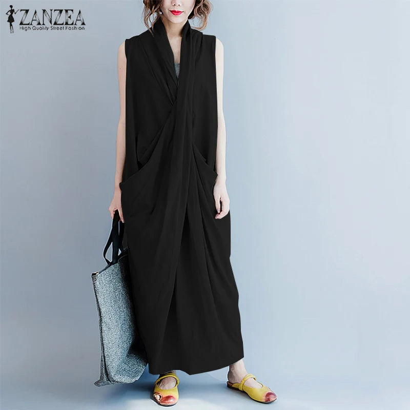 ZANZEA Oversize Asymmetrical Maxi Dress Women's Summer 2025 Holiday Sundress Female V Neck Draped Vestidos Rayon Robes Femme