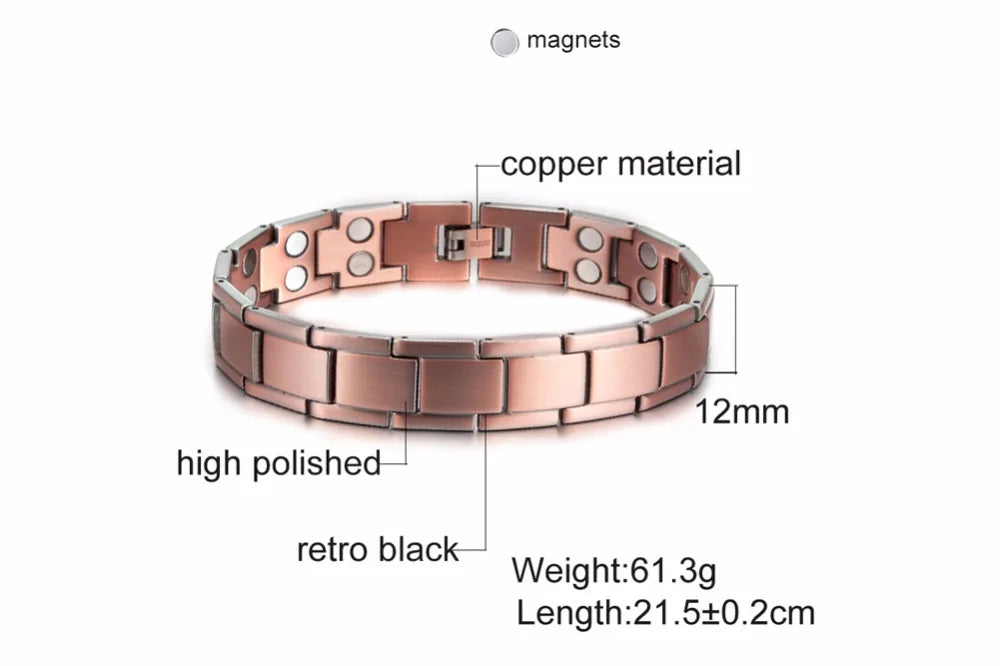 Vinterly Pure Copper Magnetic Therapy Bracelet Male 14mm Arthritis Wristband Magnet Vintage Chain Link Health Energy Jewelry