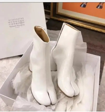 Tabi Split-toe Women Boots cream-colored Leather Buckle Chunky Block Heels Booties Botas Feminina Shoes Woman