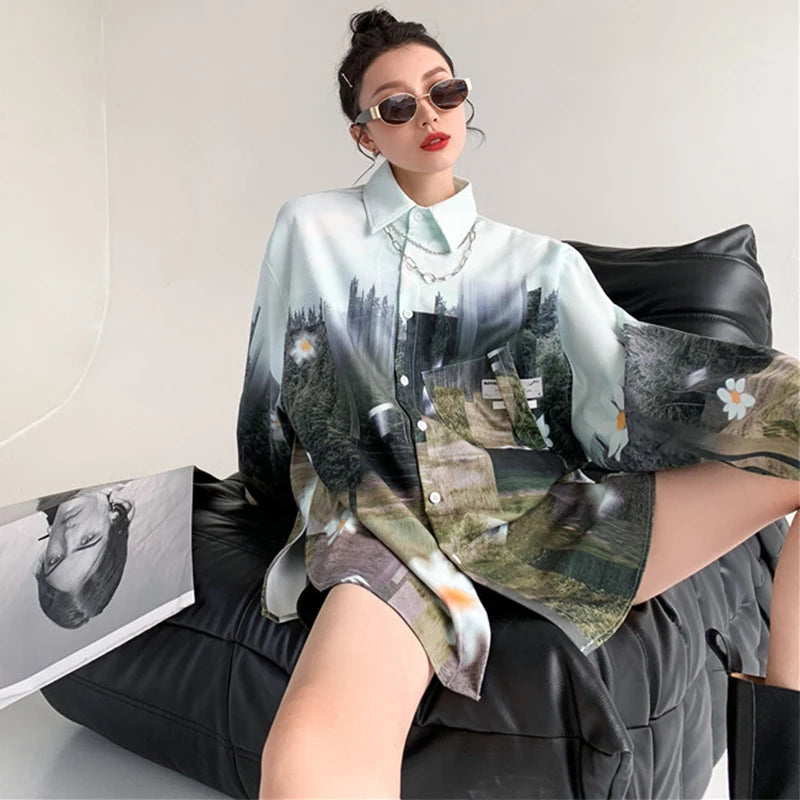 Oversized Women Blouses oil Printing shirts Harajuku Tops Long Sleeve Couple's Streetwear Blusas Mujer