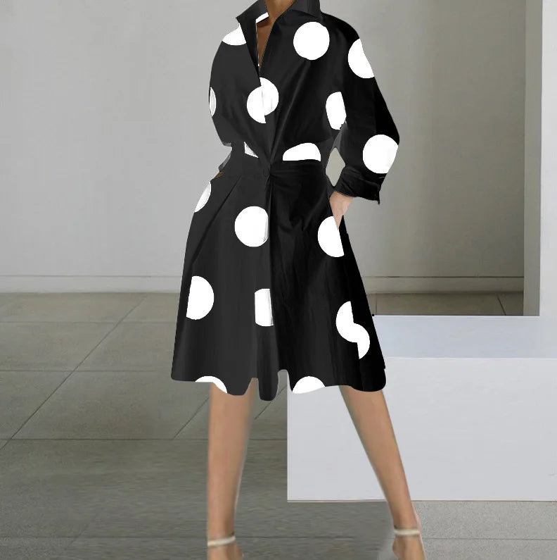 S-XXL Women's Casual Mid-Length Dress New Fashion Long-Sleeved V Neck Dot Pattern Hot Style for Ebay Aliexpress Wish for Autumn