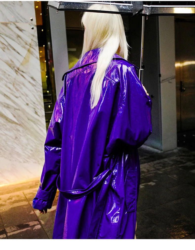 Nerazzurri Spring Autumn Purple Shiny Womens Patent Leather trench coat belt raglan sleeve Oversized soft runway long Overcoat