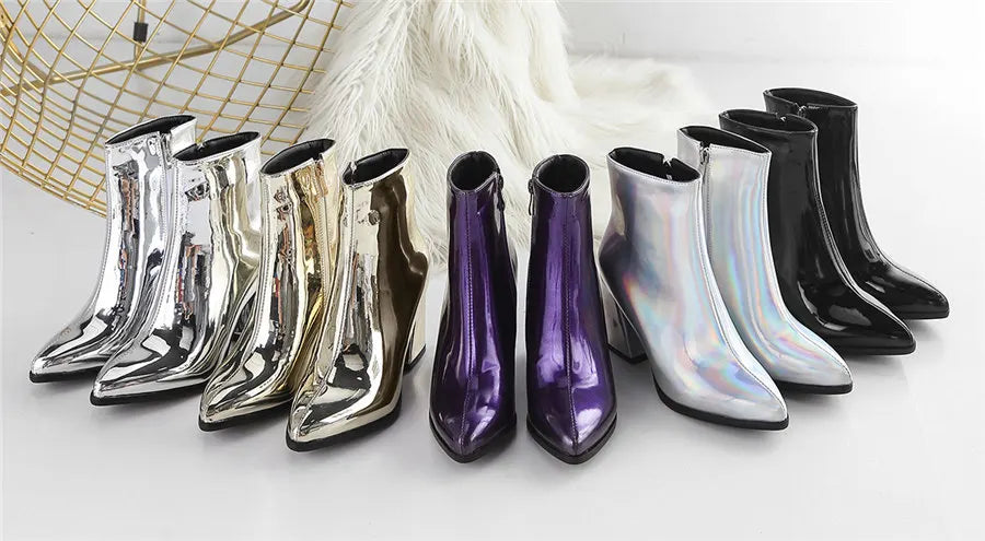 Silver Winter Women Ankle Boots Gold Mirror Patent Leather High Block Heel Party Office Lady Sexy Pointed Toe Zipper Short Plush