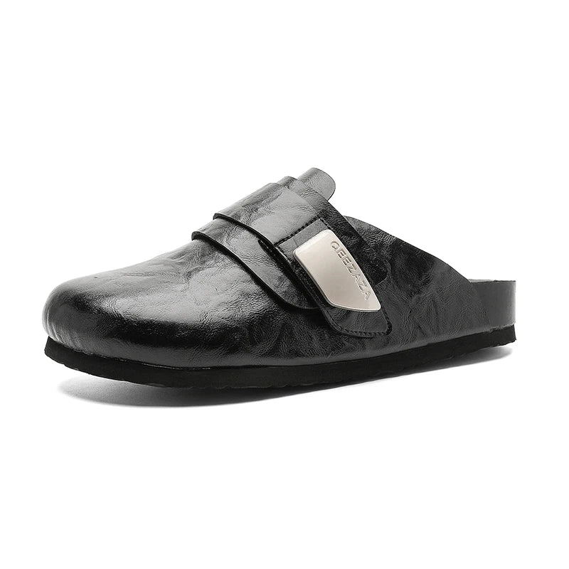 Men Women Leather Upper Flat Casual Slip-on Mules Closed Toe Half Slippers Spring