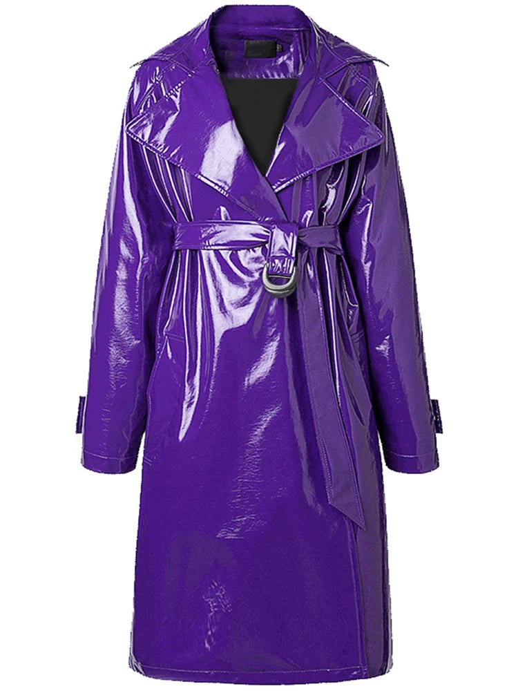 Nerazzurri Spring Autumn Purple Shiny Womens Patent Leather trench coat belt raglan sleeve Oversized soft runway long Overcoat