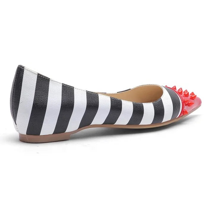 Latest Design Women Flat Dress Shoes Pointy Toe Black&White Stripe Rivets Studs Pump Shoes Office Lady Work Dating Shoes