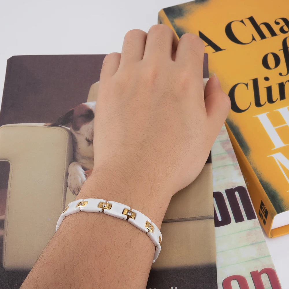 Vinterly Women Ceramic Bracelet Health Energy Hematite Ceramic Bracelets Female Gold-color AAA Cubic Zirconia Bracelet for Women