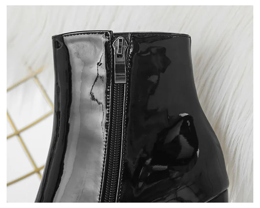 Silver Winter Women Ankle Boots Gold Mirror Patent Leather High Block Heel Party Office Lady Sexy Pointed Toe Zipper Short Plush