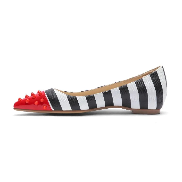 Latest Design Women Flat Dress Shoes Pointy Toe Black&White Stripe Rivets Studs Pump Shoes Office Lady Work Dating Shoes