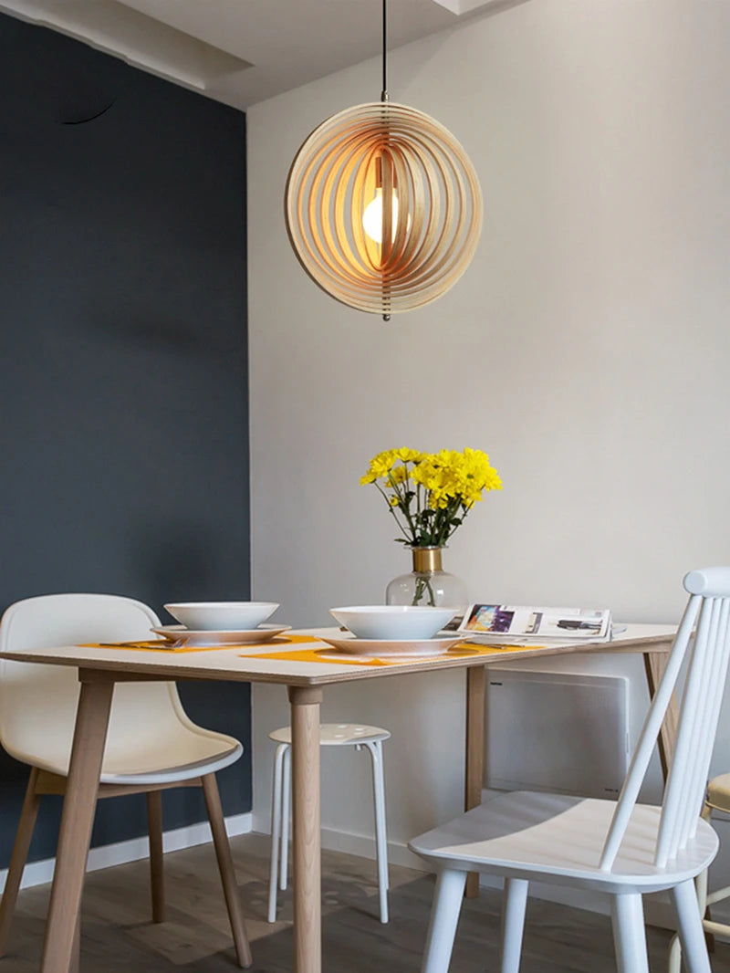 Wooden Living Room Bamboo Dining Pendant  lamp Creative Moon Lamp Wood Ring Bedroom Hanging Lamp