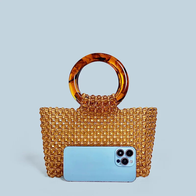 Double Circle Acrylic Handle New Amber Color Bead Tote Bag Women Beaded Acrylic High Quality Hand-woven Fashion Exquisite Purses