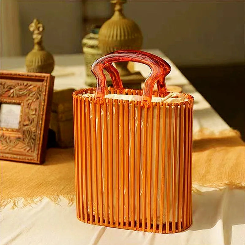 New Luxury Women Bags Designer Summer Acrylic Women Handbags Hollow Out Woven Bamboo Beach Basket Bag Bali Travel Bucket Handbag