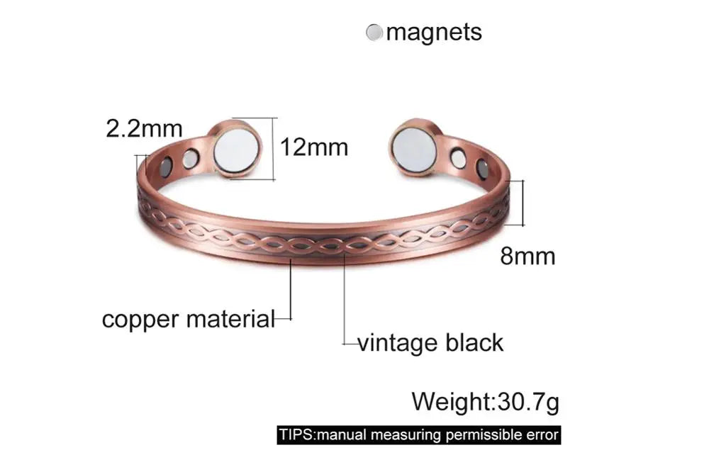 Vinterly Pure Copper Bracelet Men Magnetic Vintage Adjustable High Magnet Open Cuff Bangles Health Energy Jewelry for Male Women