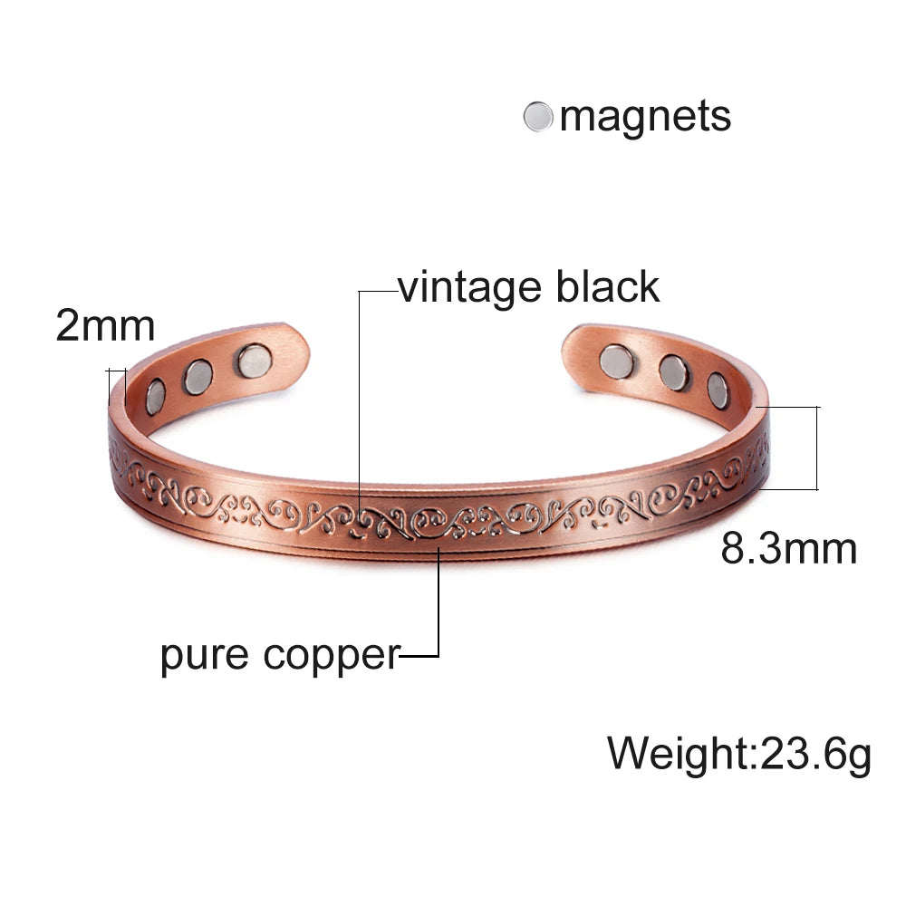Vinterly Pure Copper Bracelet Men Magnetic Vintage Adjustable High Magnet Open Cuff Bangles Health Energy Jewelry for Male Women
