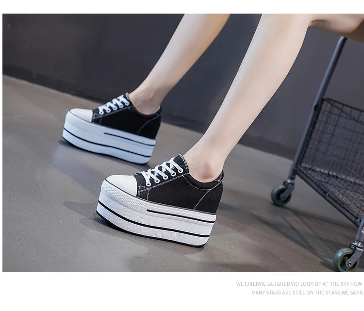 Fujin 7.5cm Fashion Canvas Shoes Breathable Women Super High Heel Sneakers Platform Shoes Women Autumn Autumn Women's Shoes