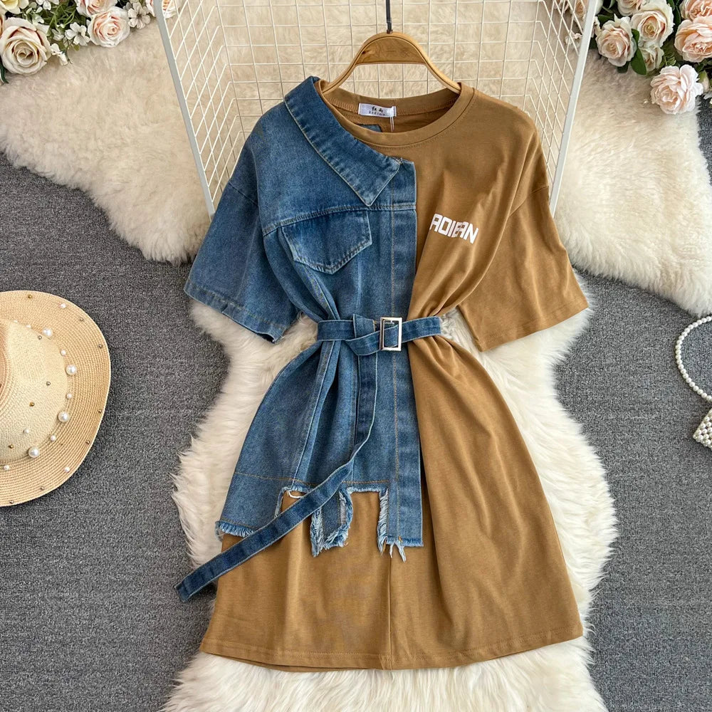 New Fashion Round Neck Color Blocking Women Casual Tops Denim T-Shirt Dresses