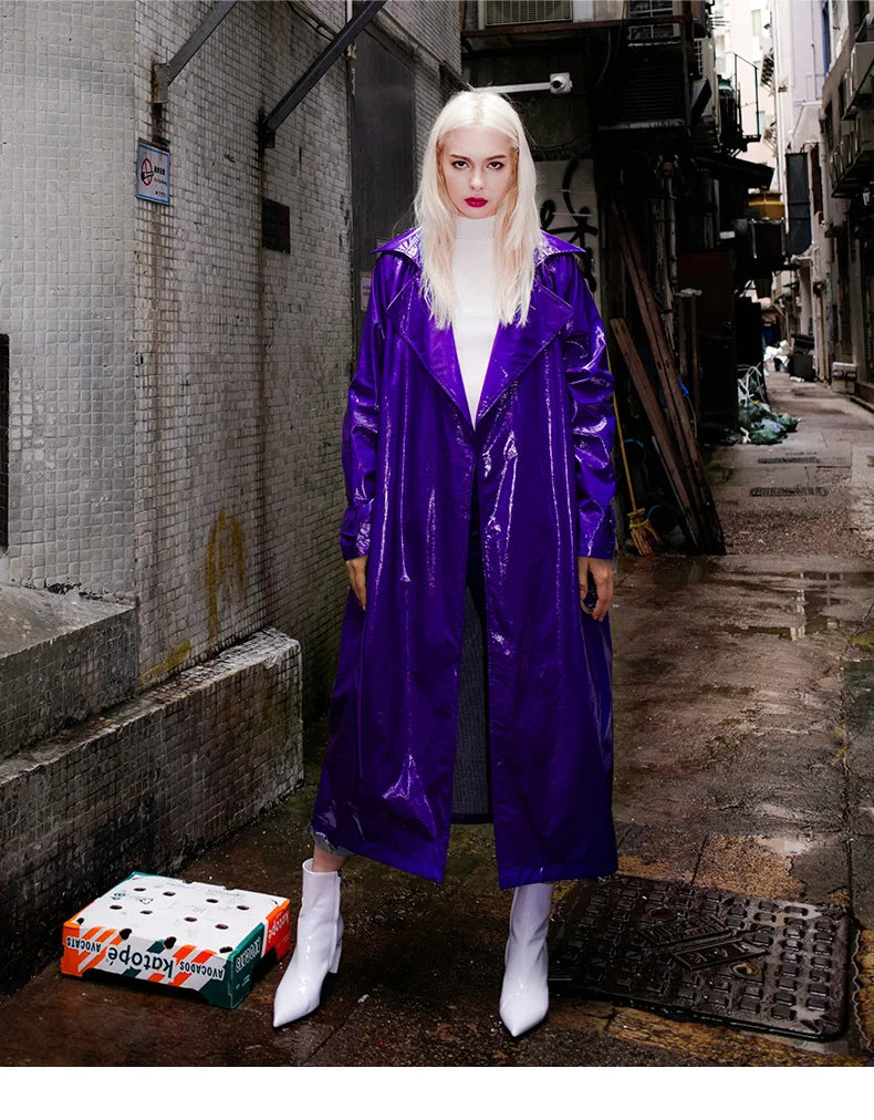 Nerazzurri Spring Autumn Purple Shiny Womens Patent Leather trench coat belt raglan sleeve Oversized soft runway long Overcoat