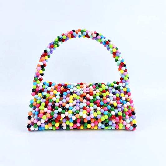 European and American Niche Handmade Color-blocked Pearl Triangle Bag Fashionable and Versatile Hand-held Rainbow Bead Weave Bag