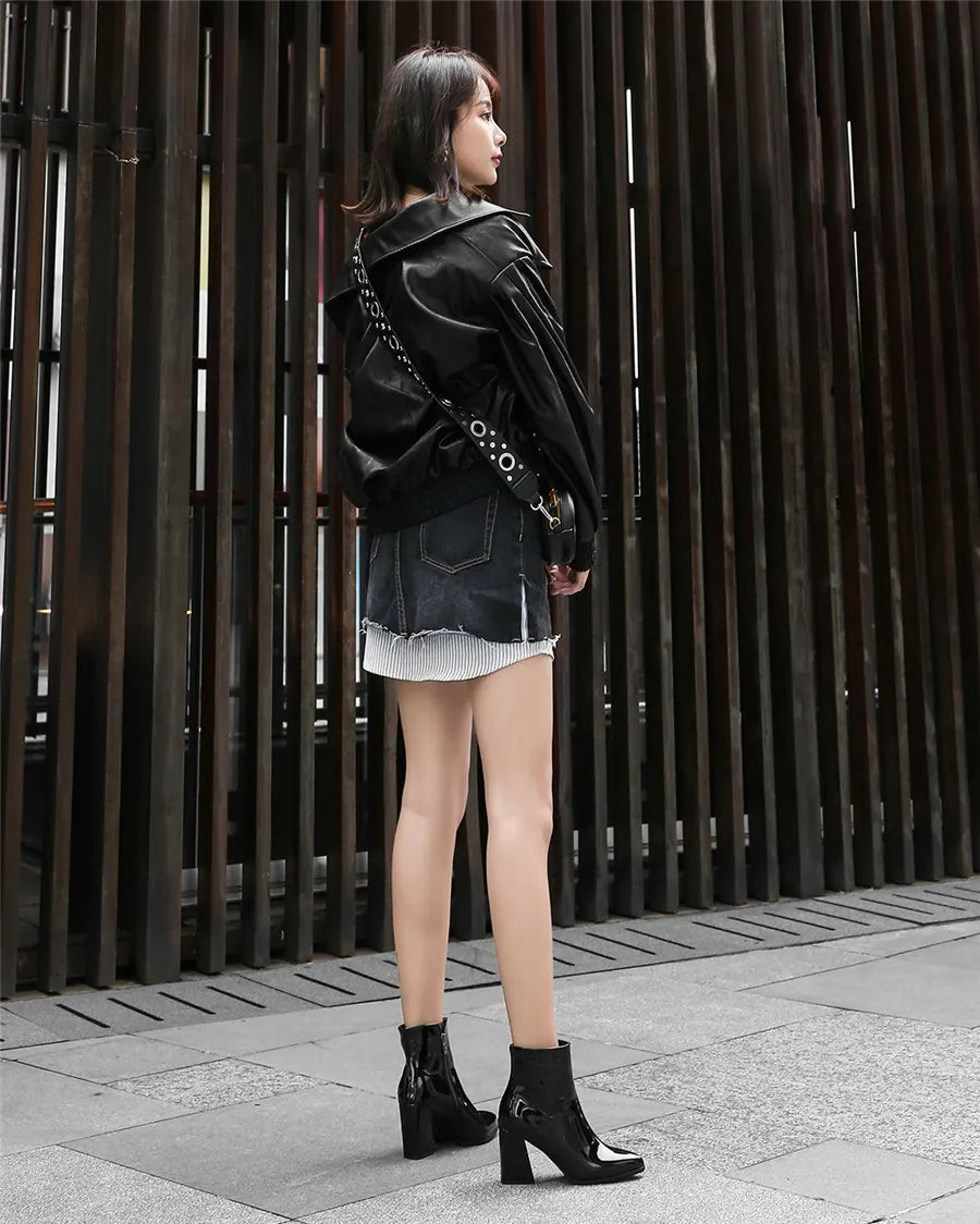 Silver Winter Women Ankle Boots Gold Mirror Patent Leather High Block Heel Party Office Lady Sexy Pointed Toe Zipper Short Plush
