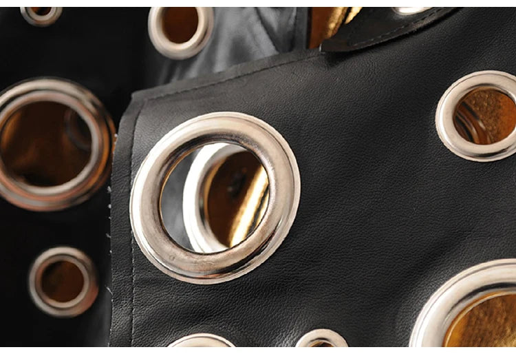 Rocker Runway Cut Out Short Faux Leather Jacket Golden Rivet Cool Stylish Designer Clothes Women European American Fashion 2022