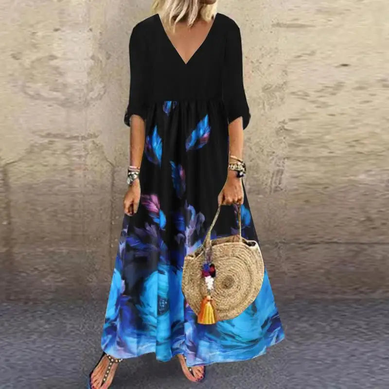 ZANZEA Summer Maxi Dress Women's Vintage Printed Sundress Casual Loose Short Sleeve Vestidos Vacation High Waist Robe Femme 2024
