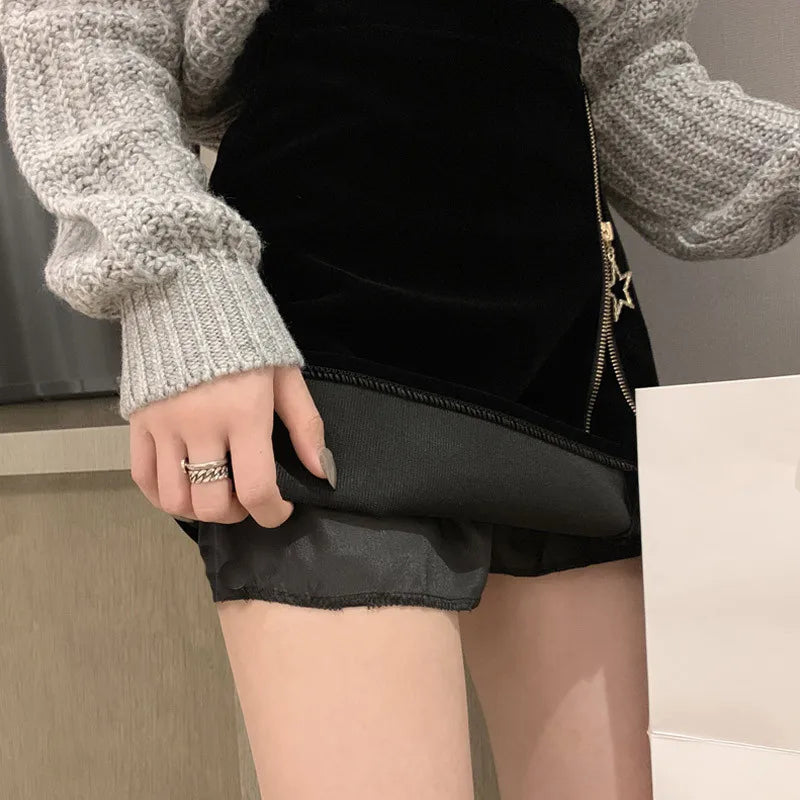 FairyShely Black Mini Skirt Women 2025 Velvet Short Pencil Skirt Korean Ladies Sexy Office Wear High Waist Skirts Zipper Faldas