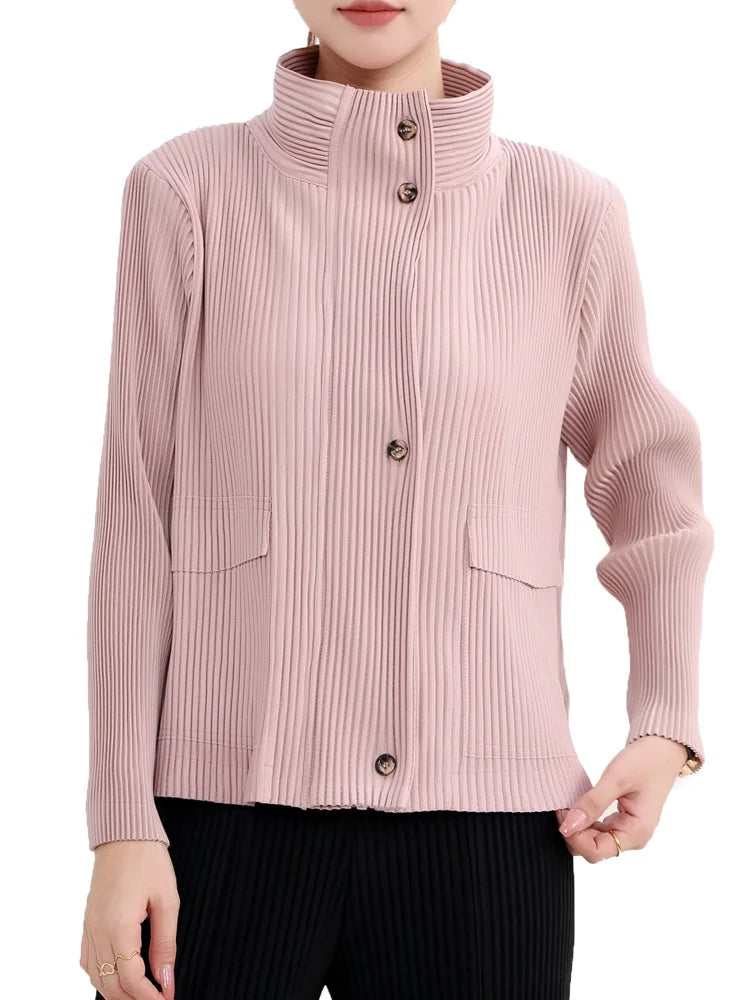 High End Miyake Pleated New Solid Color Collar Single Row Toothpick Pleated Retro Raincoat Commuting Women's Slim Fit Jacket