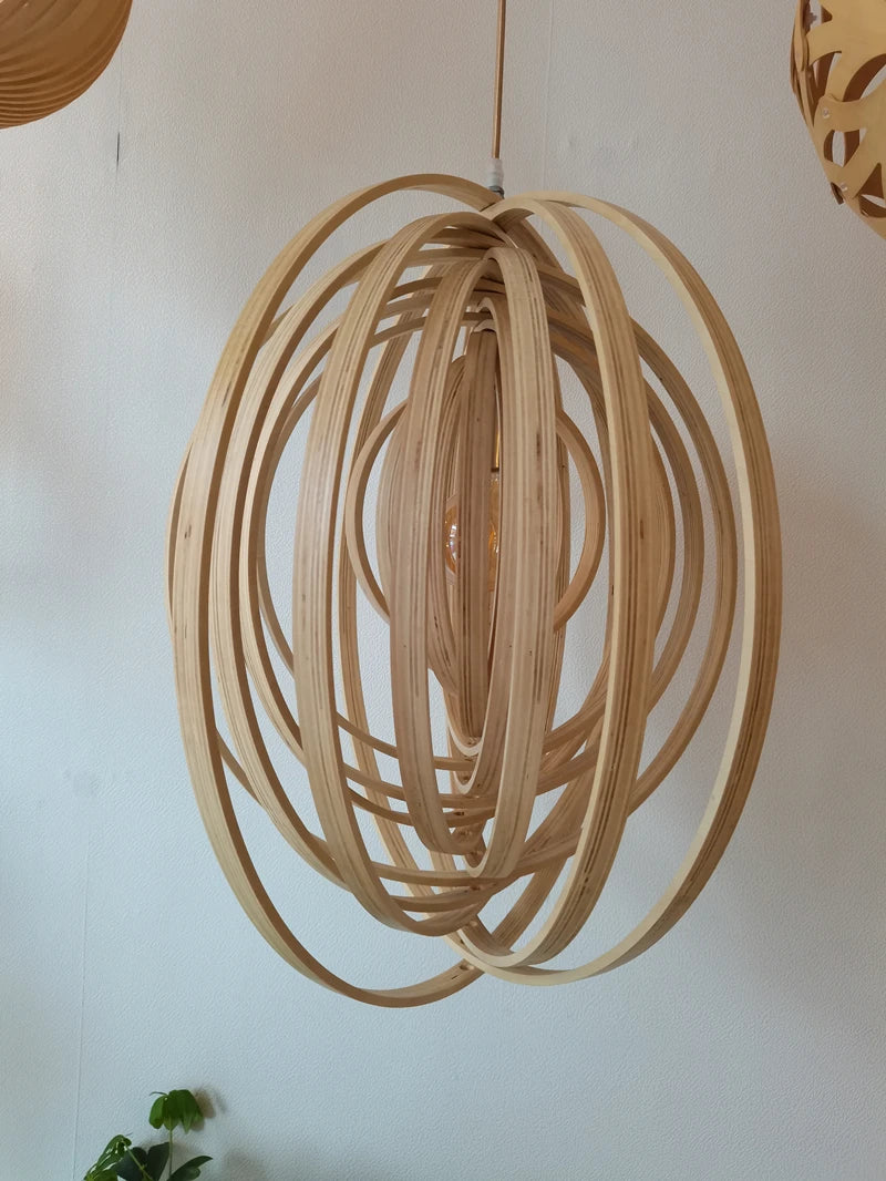 Wooden Living Room Bamboo Dining Pendant  lamp Creative Moon Lamp Wood Ring Bedroom Hanging Lamp