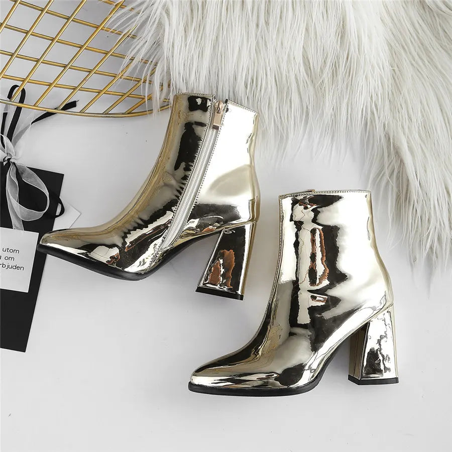 Silver Winter Women Ankle Boots Gold Mirror Patent Leather High Block Heel Party Office Lady Sexy Pointed Toe Zipper Short Plush