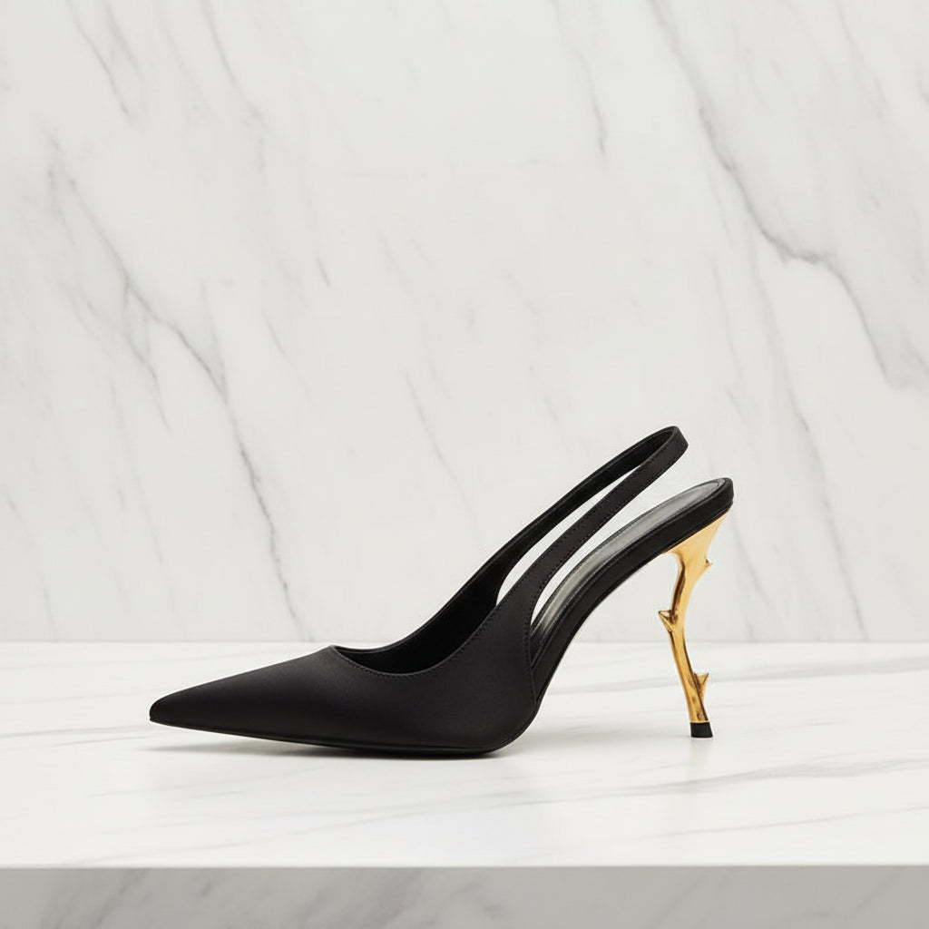 Slingback Women Back Strap Gold Strange Heels on  Pumps Patent Dress Sandals Pointed Toe Shoes