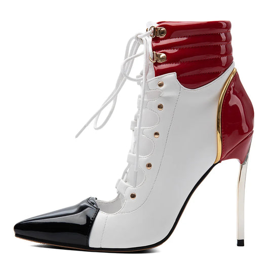 Women Stiletto Patchwork Sandals High Slim Metal Heels Ankle Boots Big Size 47 Front Cut Out Shoes Lace up Short Booties