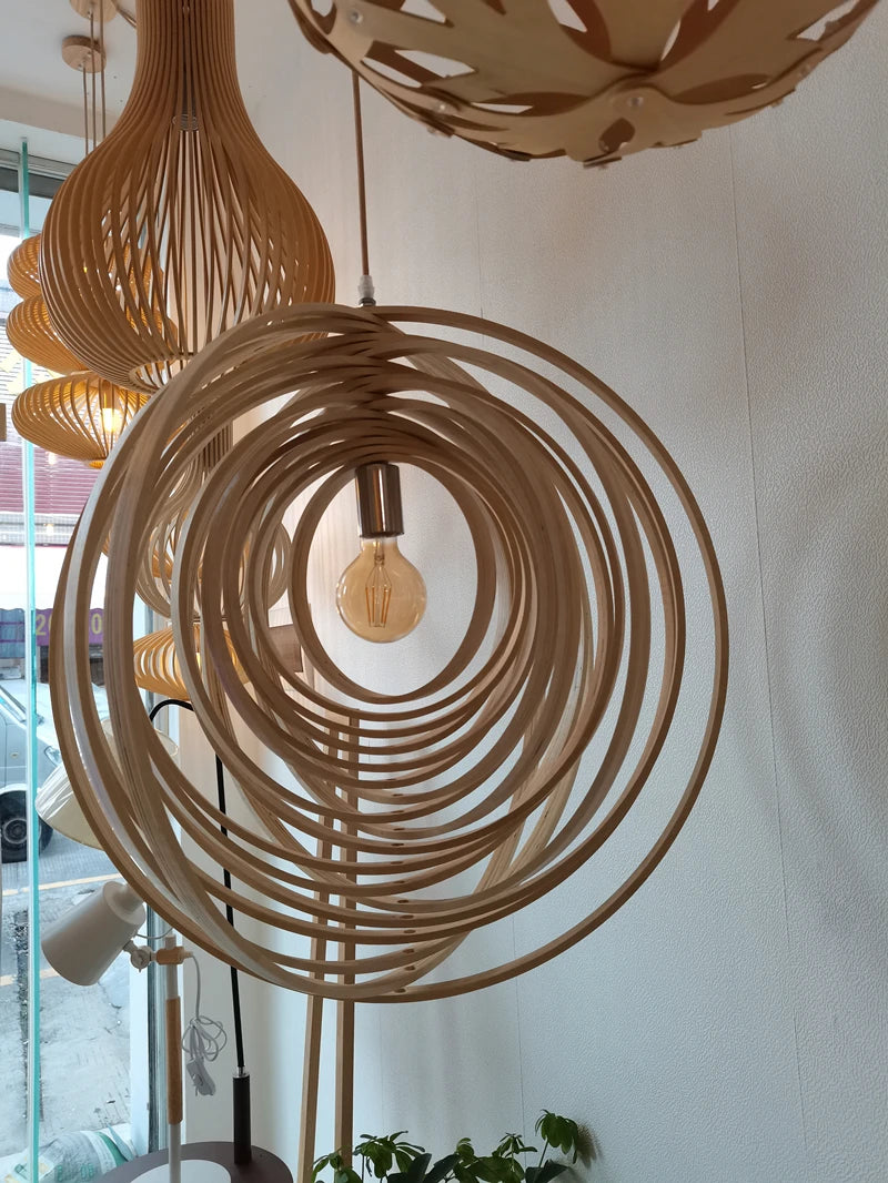 Wooden Living Room Bamboo Dining Pendant  lamp Creative Moon Lamp Wood Ring Bedroom Hanging Lamp