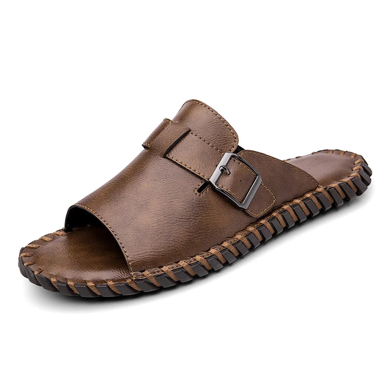 Hand Stitched Men Casual Slide Slippers Full Grain Cow Leather Upper Non Slip Rubber Outsole Daily Home Beach Shoes