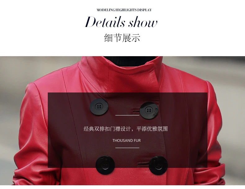 Nerazzurri Autumn Maxi Red Pu Leather Trench Coat for Women Long Sleeve Belt Double Breasted Elegant Luxury Runway Fashion 2023