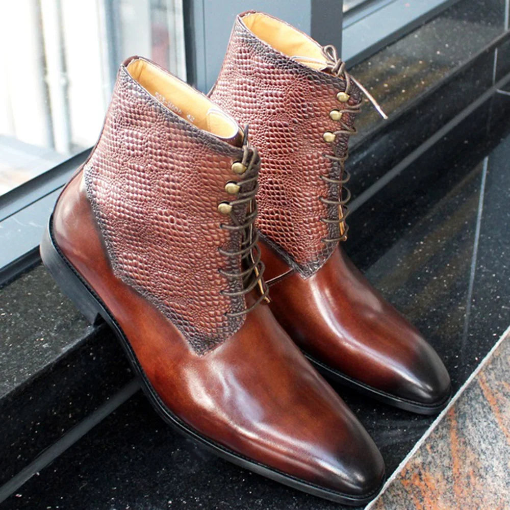 Luxury men's genuine leather ankle boots stylish lace-up pointed toe formal shoes for wedding office basic men's shoes