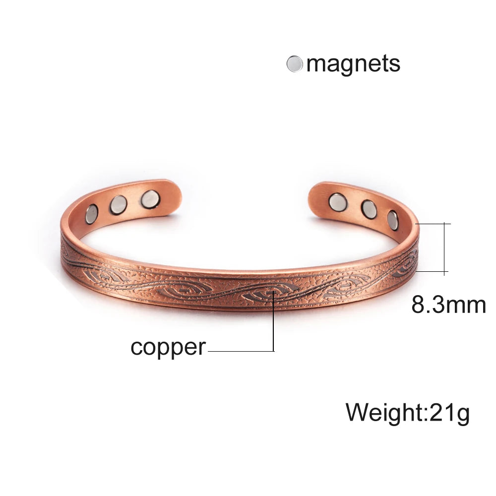 Vinterly Pure Copper Bracelet Men Magnetic Vintage Adjustable High Magnet Open Cuff Bangles Health Energy Jewelry for Male Women