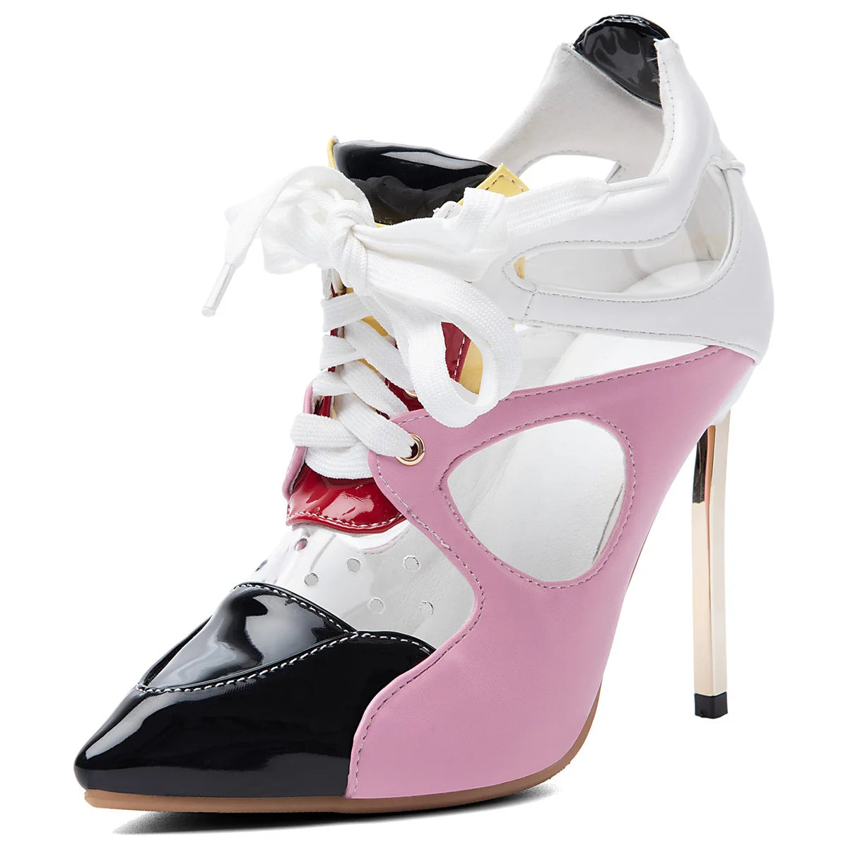 Women's Lace up Patchwork Sandals Pointed Toe High Gold Heels Stiletto Cut Out Dress Pumps Large Size 47 Mixed Colors Shoes